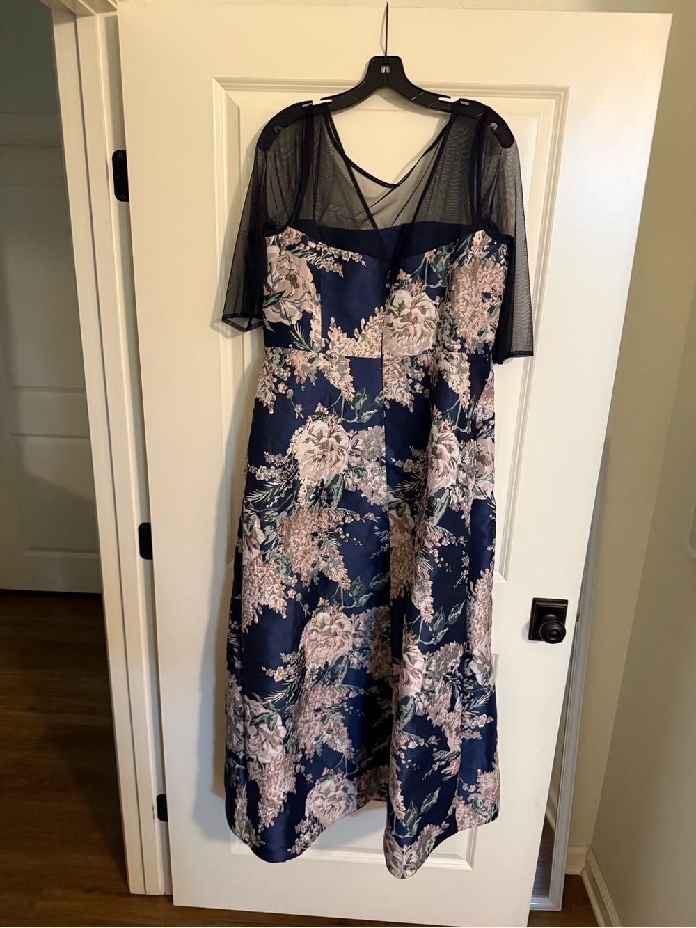Kay Unger Navy Floral Midi Dress with Mesh Yoke